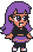 a chibi pixel art drawing of my OC, Iris! she has a big smile on her face, with long purple hair, a black crop top, a purple skirt, and purple sneakers.